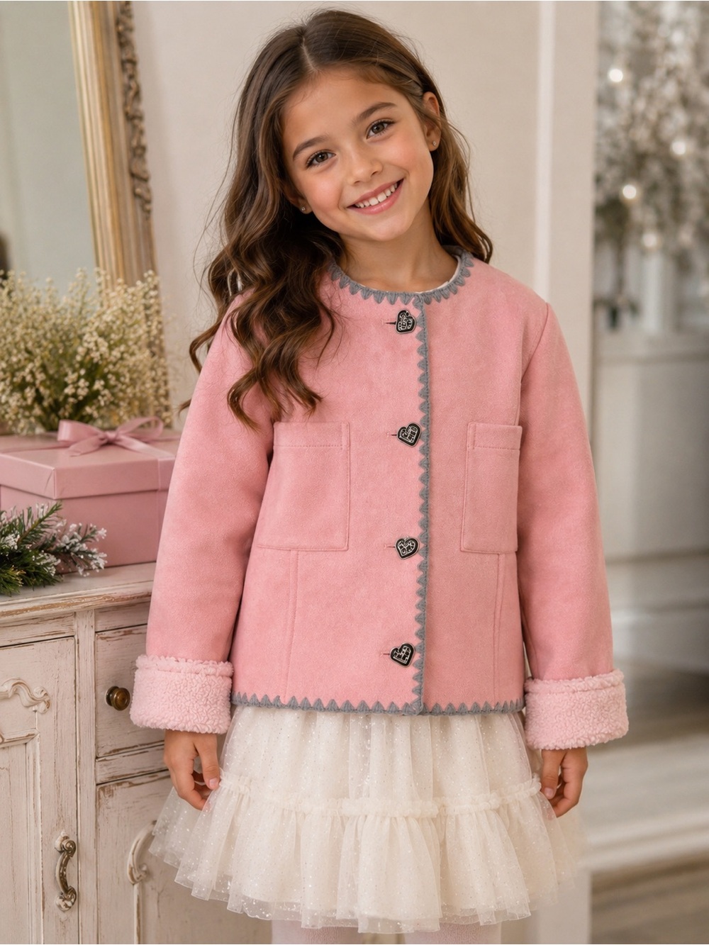Girls Pink Faux Suede Sherpa Jacket Heart Button Coat Size 130 7 8Y